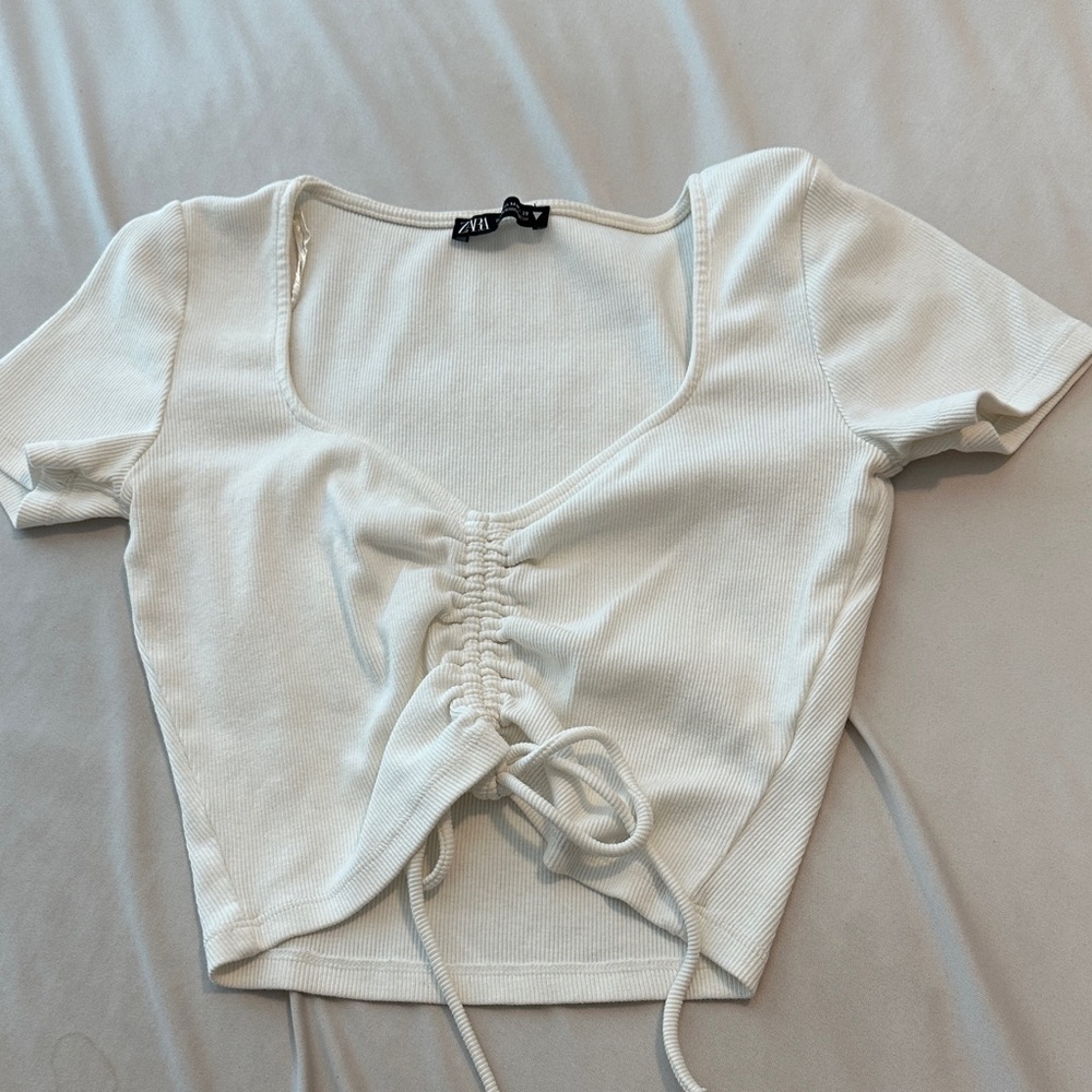 Zara White Ruched Crop Top (Medium)